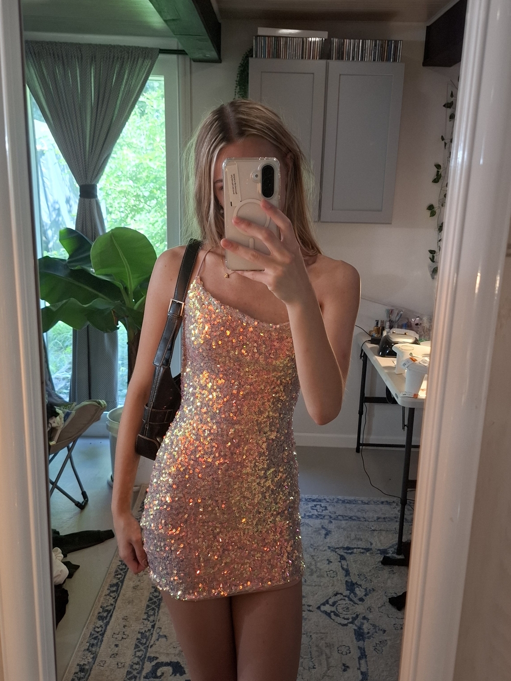 Windsor Iridescent Sequin One-Shoulder Mini Dress in Pink and Gold